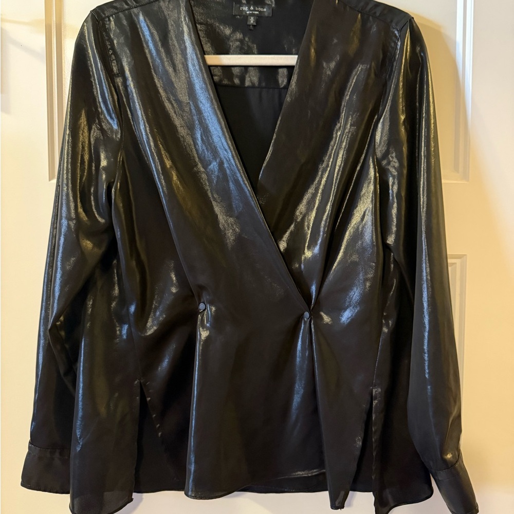 Rag & Bone Debbie Blouse Metallic Black V-neck High Low Size Medium